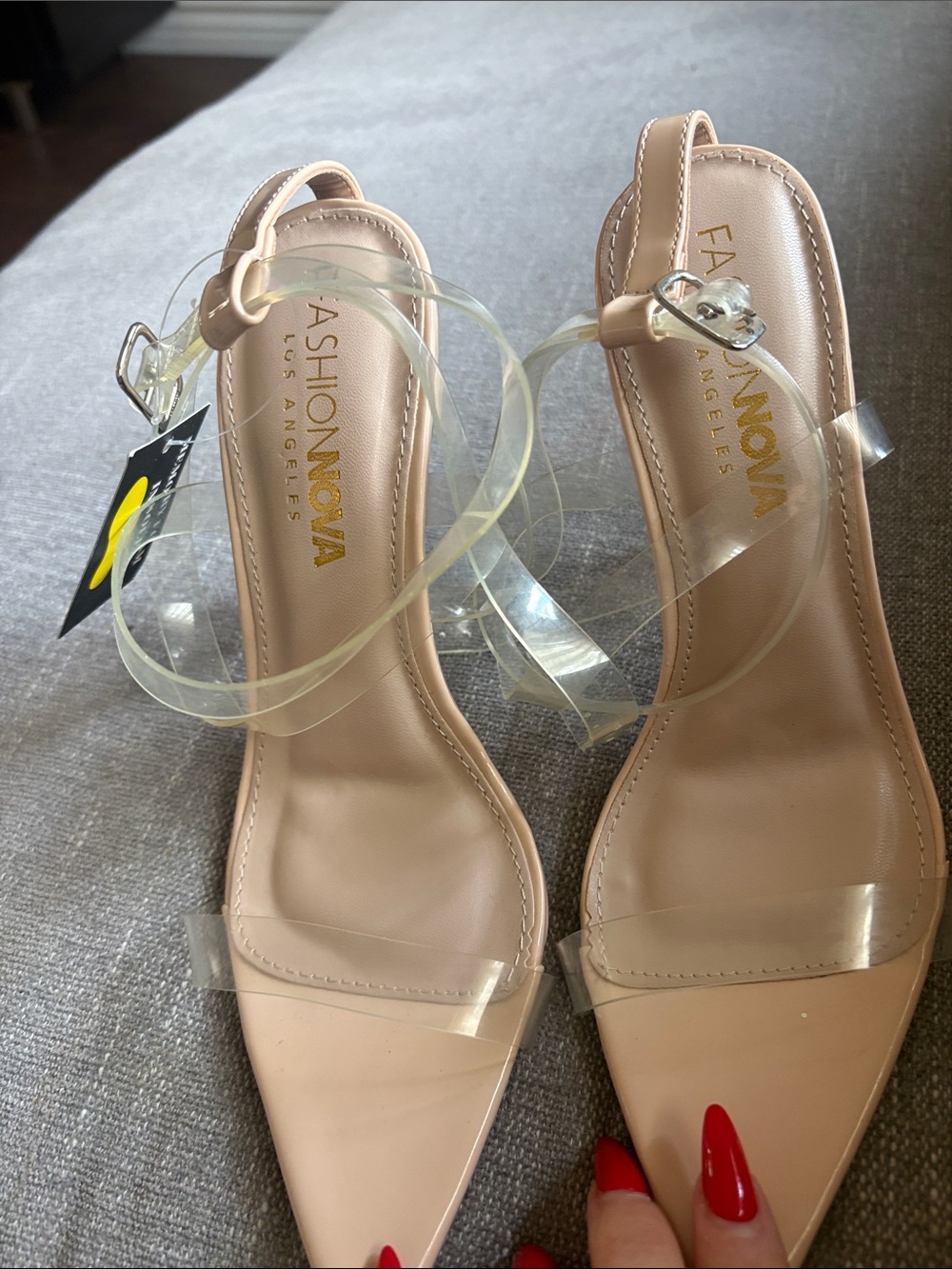 Fashion Nova Nude Clear-Strap Pointed Slingback Heels